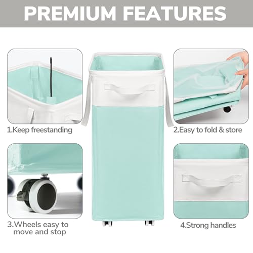Image of Goodpick Laundry Basket with Wheels, 75L Laundry Hamper with Wheels, Large Laundry Basket with Removable Wash Bag, Clothes Hamper for Laundry, Blue&White