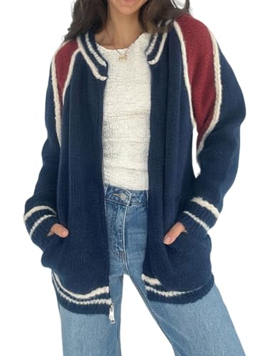 CHARTOU Casual Zip Up Sweaters for Women Fall Color Block Open Cardigan Sweaters Coat (Medium,Navy)