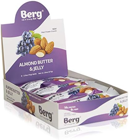 Berg Oat N' Energy Bar | Plant Based Protein Bar | Non-GMO, Gluten Free, Nut Free and Vegan | Low Sugar, Healthy Snack Bar | High Fiber | On The Go | 2.5oz, Pack of 8 (Almond Butter & Jelly)