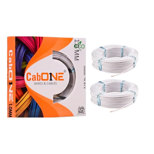 Image of CabONE 1.0 SQ.MM FR PVC Insulated Copper Electrical Wire, 90 Meter (White, Pack of 2) | ISI Marked Fire Retardant Single Core Cable for Home Wiring