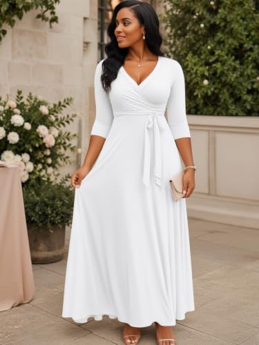 Image of Plus Size Maxi Dress for Women V Neck 3 /4 Sleeve Wrap Dress