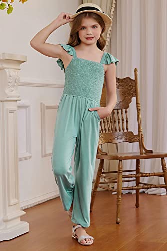 Blibean Girl Summer Romper Tween Kid Short Sleeve Jumpsuit Sleeveless Outfit Solid Overalls Jumpers Straps Clothes Size 6-7 Years Medium Green #TOP3
