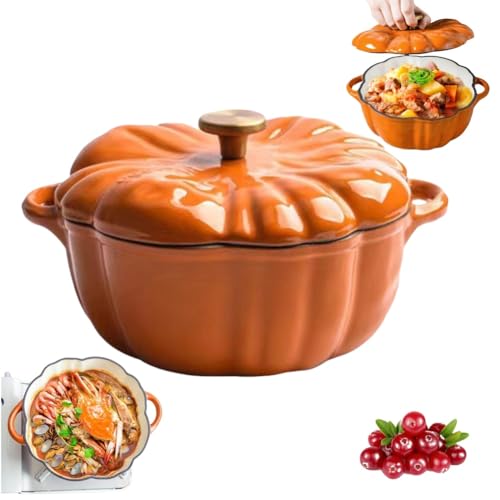 Enameled Cast Iron Dutch Oven with Lid,1.95qt Cute Halloween Decor Pumpkin Pot,Covered Dutch Oven Stockpot Baking Dish,Oven & Stove Safe,Pumpkin Casserole for Fall Thanksgiving Decor