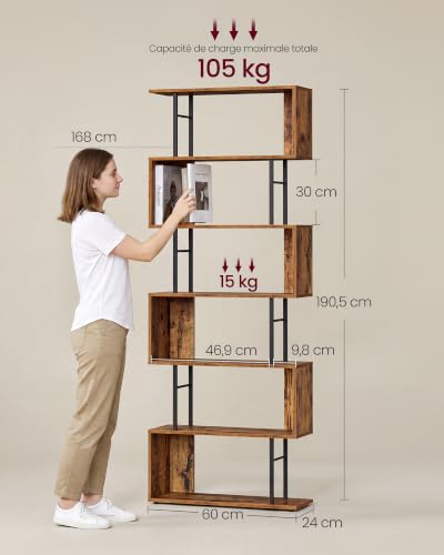 VASAGLE Bibliothèque en Forme de S, Étagère de Rangement à 7 Niveaux, Cadre en Acier, pour Salon, Bureau, 60 x 24 x 190,5 cm, Marron Rustique et Noir Mat, Collection Barnet LLS173KD01 – vue 2