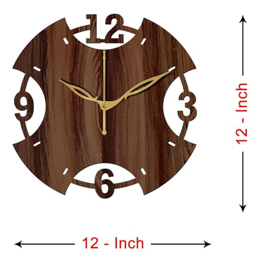 Image of SKYVILLA 12 Inch Wooden MDF Brown Analog Wall Clock with English Numerals | Silent Quartz Movement | Lightweight Without Glass Design for Home Living.