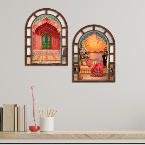 Image of Artvibes Traditional Indian Theme Home Decoration | Jharokha Mirror | Artistic Wall Decor for Living Room, Hall, Bedroom, Lobby, Reception & Dining Area | Gift (WH 12026N), Set of 2