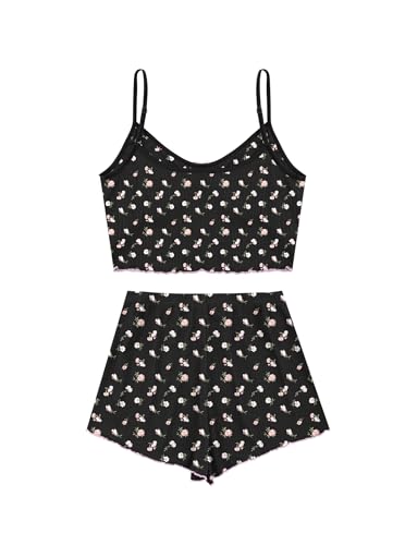 Image of Hilinker Womens Graphic Print Ribbed PJ Set Crop Cami Tops and Shorts Cute Pajamas Set