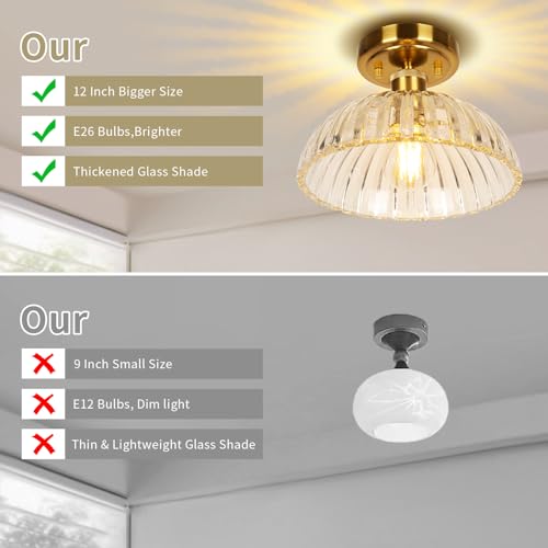 Image of JYZ Semi Flush Mount Ceiling Light, Gold Ceiling Light Fixture with Brass & Ribbed Glass Shade, Vintage Light fixtures for Hallway, Entryway, Bathroom, Kitchen, Bedroom 2-Pack