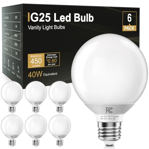 Image of TJOY G25 LED Globe Light Bulbs, Vanity Bulb for Bathroom 40W Equivalent | 5000K Daylight White E26 Base, Round Decorative Bulb for Vanity Makeup Mirror, CRI85+, 450LM, Non-Dimmable, UL, 6 Pack