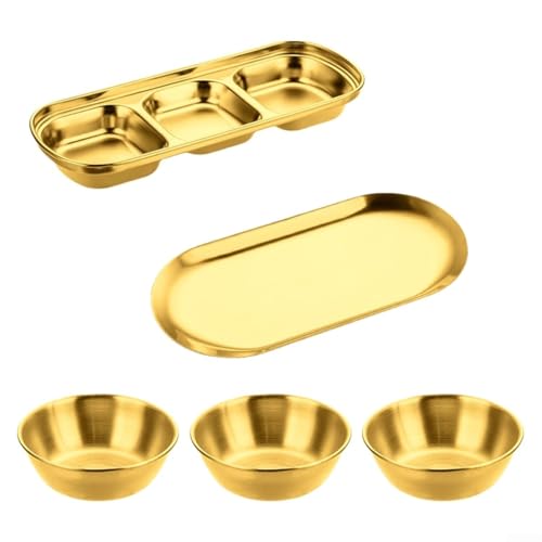 Pumixiy Juego de 5 platos de acero inoxidable con bandeja de almacenamiento y cuencos de inmersión para cocina, comedor, fiestas, barbacoas y organización de condimentos (dorado)