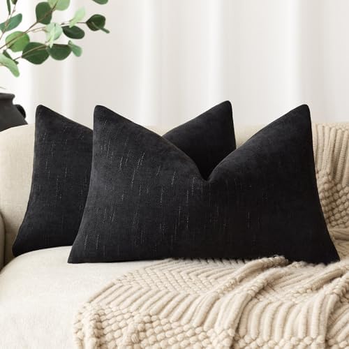 Image of Foindtower Pack of 2 Soft Textured Throw Decorative Pillow Covers Lumbar Accent Solid Cushion Cover Cozy Farmhouse Pillow Case with Zipper for Couch Sofa Bedroom Living Room 12x20 Inch, Black