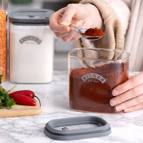 Image of Kilner Fresh Storage Bulk Spice Jar 700ml Glass Food Container with Silicone Valve Lid | Airtight, Stackable Design with Integrated Measuring Spoon | Ideal for Spices, Herbs and Seasoning