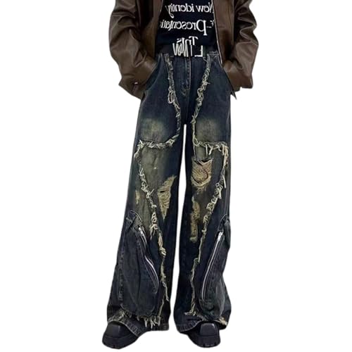 Men's and Women's Loose, Ripped Straight Leg Pants, high Waisted Multi Pocket Jeans, Y2K Jeans
