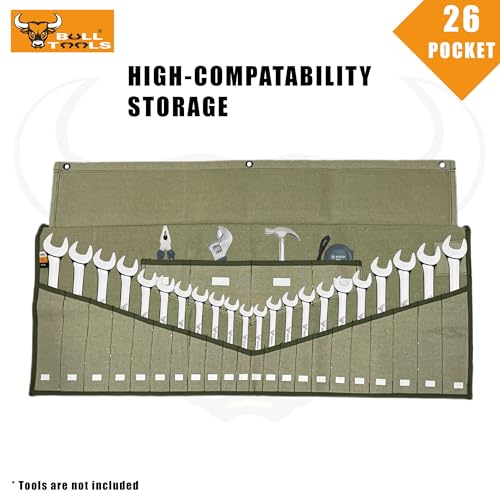 Image of Bull Tools Wrench & Tool Roll 22+4 pocket 100% Dyed 15 Oz. Cotton Duck Canvas (1 Piece, Sand washed Olive Drab) | Roll Up Wrench Bag, Combination Wrench Storage, Portable Tool Roll, Mechanic Gift, Garage Workshop Storage, Heavy Duty Canvas