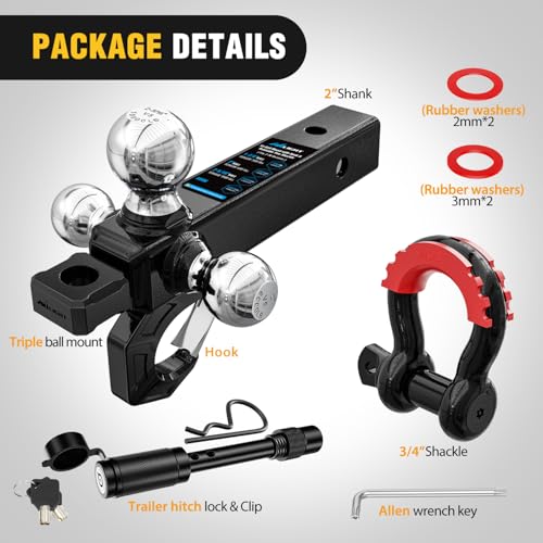 Image of Nilight Trailer Hitch Tri-Ball Mount with Hook and Rotatable Tow Anti-Theft 3 /4 inch Shackle Fits for 2inch Receiver Ball Size 1-7 /8 inch 2 inch 2-5 /16 inch GTW from 5000lbs to 10000lbs for RV SUV ATV Truck