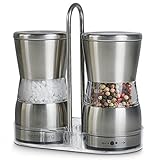 homeburg Salz und Pfeffermühle 2er Set mit verstellbarem Keramikmahlwerk – manuelle Gewürzmühlen (ohne Inhalt) - edle Salzmühle und Pfeffermühle aus hochwertigem Edelstahl - mit Mühlenständer