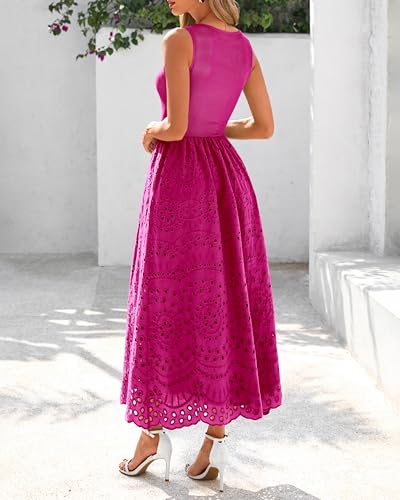 Image of dowerme Women Summer Dresses 2026 Casual Sleeveless Crewneck A-Line Boho Lace Eyelet Cotton Tank Maxi Dress with Pockets