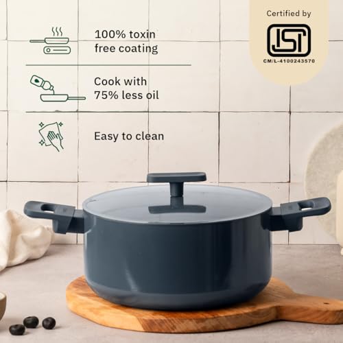 Image of Ember Cookware Arcilla Ceramic Dutch Oven 24 cm, 5L with Metallic Lid | 75% Less Oil Usage | Non Stick Non Toxic Pot | 5-Year Warranty | Ceramic Cookware | Biryani Pot | PFAS & PTFE Free | Blue