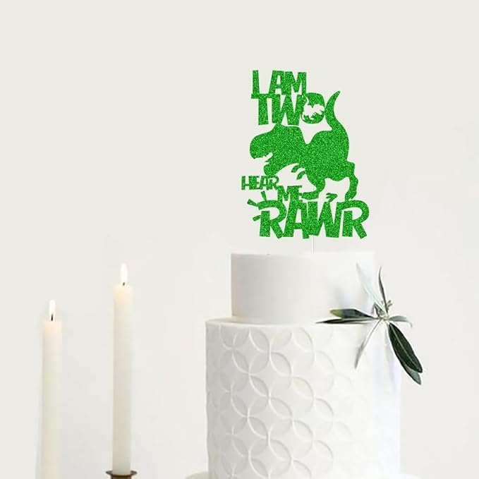 Image of I'm Two Hear Me Rawr Cake Topper | Green Glitter Cake Topper for Second Birthday | Animal Theme Happy Birthday Cake Decorations | Birthday Party Decorations | Kids Party