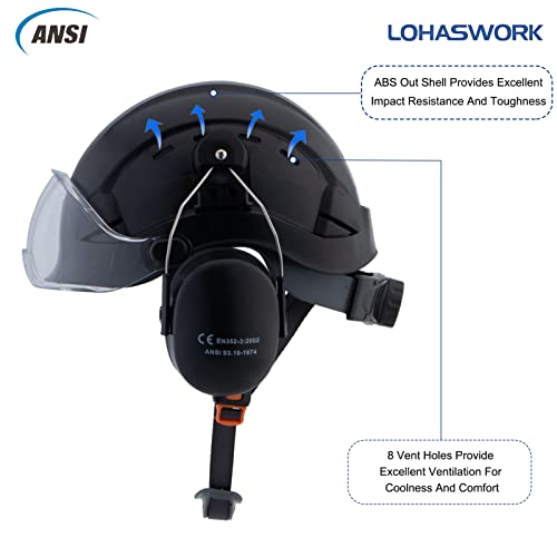 Lohaswork Safety Hard Hat With Visor - Ansi Z89.1 Approved Abs Adjustable Vented Helmet - 6-Point Suspension,Construction Work Hardhats (A91 Black+Clear Visor+Earmuff) #TOP2