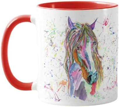 Vixar Horse Watercolour Rainbow Art Coloured Mug Cup, Gift, Birthday, Work, Office, Christmas Tea Coffee (Red)