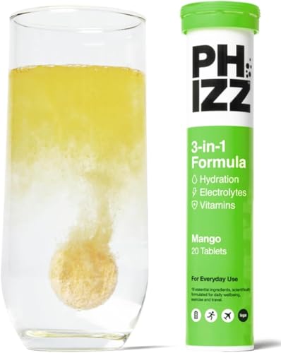 Electrolytes Phizz, Multivitamines & Comprimés d'hydratation - 20 comprimés de réhydratation effervescents - 18 vitamines et minéraux, vitamine C, végane, végétarien et hypocalorique (mangue)