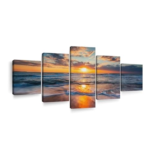 ElephantStock Summer Ocean Sunrise Wall Art - 5-Piece Beach Sunset Photography Decor - Sunset Wall Art, Beach Scene Wall Art, Sunset Canvas Wall Art, Fade Proof - 55" X 24"