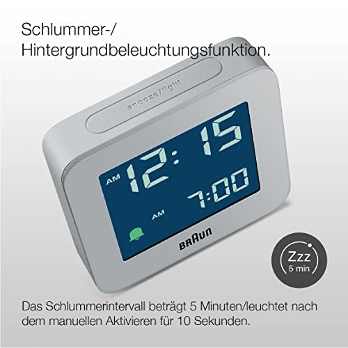 Image of Braun Digital Alarm Clock with Snooze, Negative LCD Display, Quick Set, Crescendo Beep Alarm in Grey, Model BC09G.