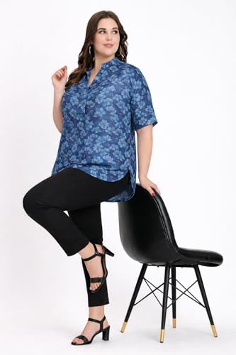 Image of SINDOORI Relaxed Fit Tops for Women Plus Size Solid Printed Mandarin Collar, Band Collar, V-Neck Top, Half Sleeve Loose Fit