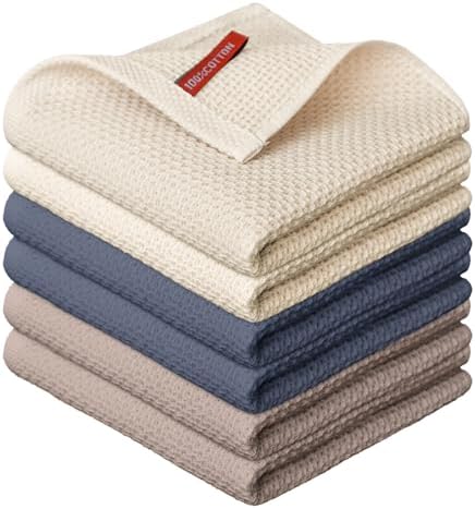 Artoid Mode 100% Cotton Beige Brown Dark Grey Waffle Weave Kitchen Dish Cloths, 12x12 Inch Ultra Soft Absorbent Quick Drying Kitchen Dish Towels Set of 6, Multicolor