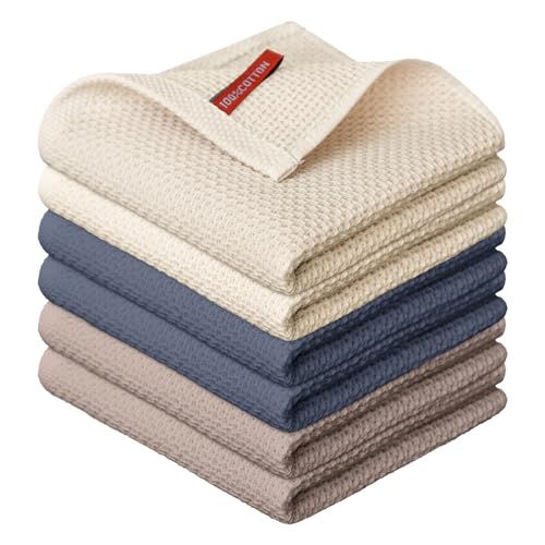 Artoid Mode 100% Cotton Beige Brown Dark Grey Waffle Weave Kitchen Dish Cloths, 12x12 Inch Ultra Soft Absorbent Quick Drying Kitchen Dish Towels Set of 6, Multicolor