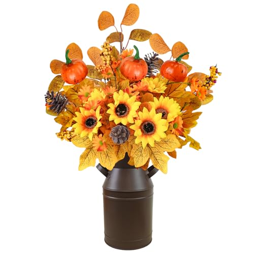 Artificial Autumn Flowers with Metal Pot, Faux Fall Arrangements ...
