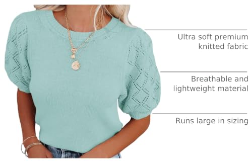 Image of Womens Short Sleeve Sweaters Crewneck Knit Pullover Tops 2025 Summer Casual Lightweight Crochet Blouse Shirt