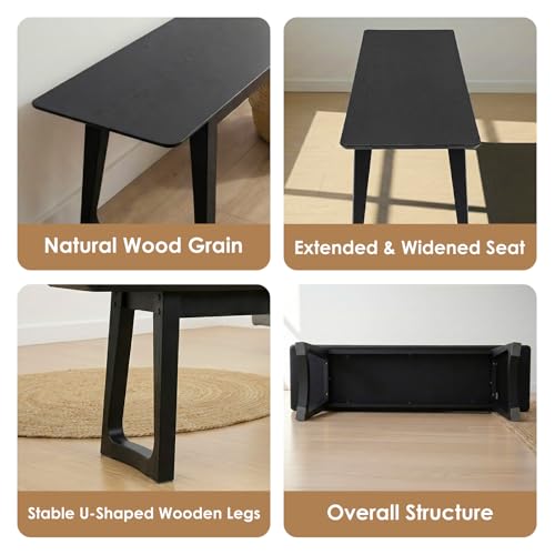 Image of HNY Black Dining Bench, Farmhouse Solid Entryway Bench, 55 Inch Long Wooden Bench, Kitchen Dining Seat for Entryway /Dining Room /Kitchen /Living Room