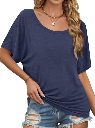 Image of Hilinker Womens Sexy Off The Shoulder Tops Short Batwing Sleeve T Shirt Oversized Casual Tee Heather Blue Medium