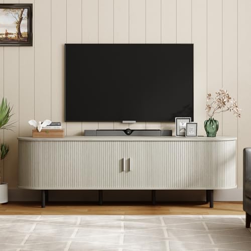 Image of ONBRILL 70.8 inch TV Stand with Power Outlet for TVs up to 75 Inch, Entertainment Center with Storage and Adjustable Shelves, Modern Media Console with Sliding Doors for Living Room, Natural White