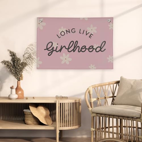 Image of Long Live Girlhood Linen Banner Hanging Pink Flag Flower Banner for Nursery Playroom Wall Decor for Kids Bedroom Living Room Dorm Toddler Decorations Trendy Room 30x20 In (Girlhood)