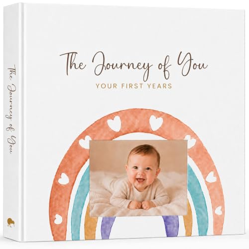 Image of Baby Memory Book with Custom Photo Cover, Rainbow Baby Gift, 5 Year Milestone Journal, Gender Neutral Scrapbook Album, Archival Paper, 108 Pages, Boho Rainbow Personalized Keepsake, Expecting Mom Gift
