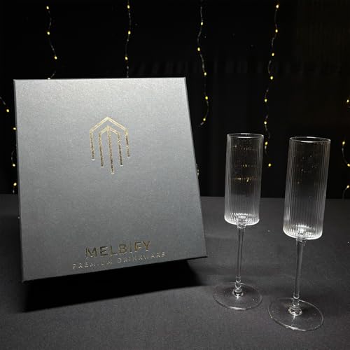 Image of Melbify Ribbed Champagne Flutes Glasses Gift Set | 200 ML | Set of 2 | Elegant Gift Box |Ultra-Premium | Red & White Wine & Champagne Glass | Ideal for Wedding,Couple,Anniversary Set