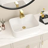 Lofeyo Bathroom Vessel Sink 19''x15'' with Gold Faucet and Drain Combo, Rectangular White Ceramic Above Counter Vanity Sink for Modern Bathroom
