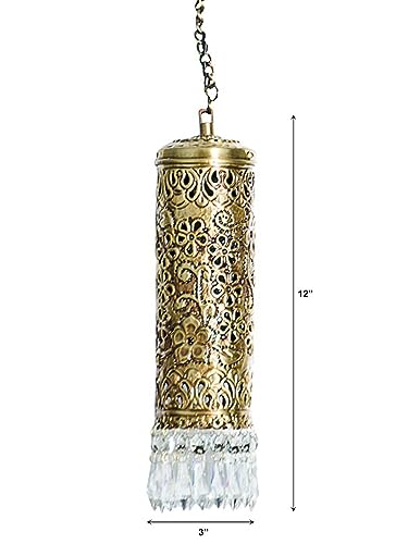 Image of Hand Carved Brass & Crystal Mini Cylinder Hanging Light Lamp Diwali Decoration for Home Decoration