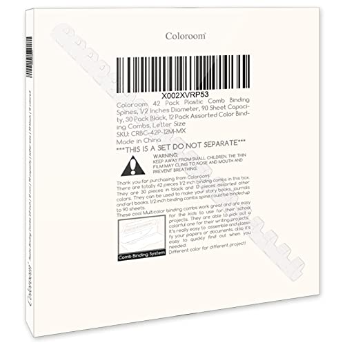 Coloroom 42 Pack Plastic Binding Combs, 1/2 Inch Diameter, 90 Sheet Capacity, 30P Black And 12P Multicolor Comb Binding Spines For Letter Size #TOP5