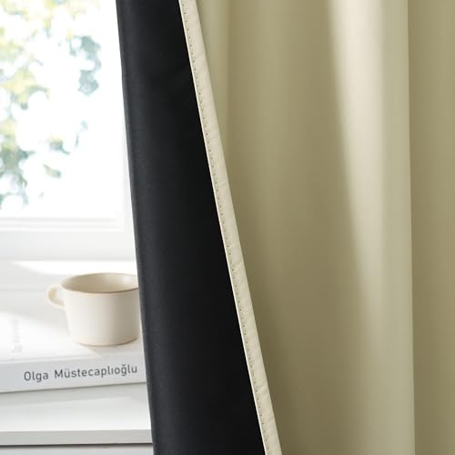 Image of RYB HOME 100% Blackout Short Curtains for Small Window, Thermal Insulated Noise Reducing Back Tab Curtains for Nursery Bathroom Basement, 34 inches Wide by 45 inches Long, Beige