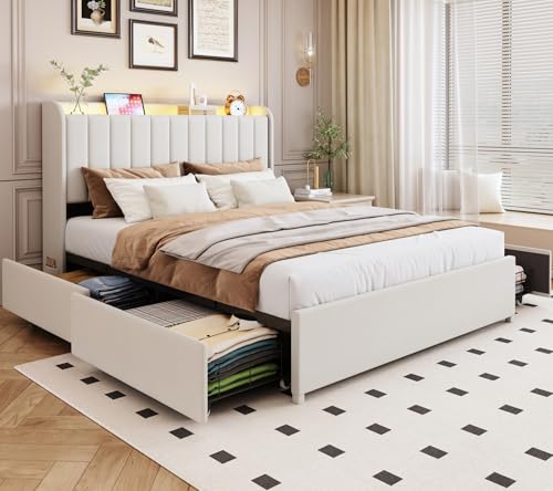 Queen Bed Frame with 4 Drawers and Storage Headboard,...