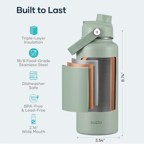Image of BUZIO Insulated Stainless Steel Water Bottle 32 oz with Straw & Spout Lids