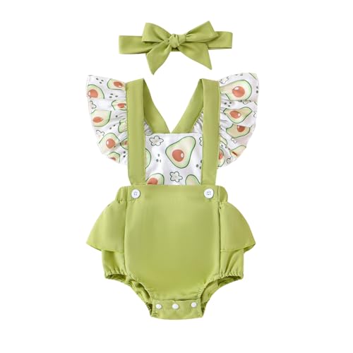 Karesoull Cute Newborn Baby Girl Overalls Clothes Set Summer Fly Sleeves Romper with Bow headband Infant Outfit (Green, 6-9 Months)