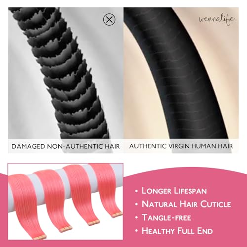 Image of WENNALIFE Tape in Hair Extensions Human Hair Light Pink Tape in Extensions, 10pcs 30g 24 inch Remy Invisible Tape Ins Straight Colored Soft Real Human Hair Tape in Extensions Refill Set Extensions