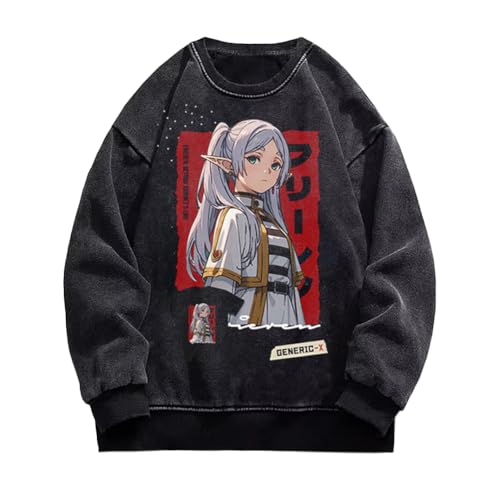 DEXSHUN Frieren Anime Sudadera Sudadera retro lavada Sudadera de cuello redondo Frieren Top de cosplay para hombres mujeres adolescentes, S