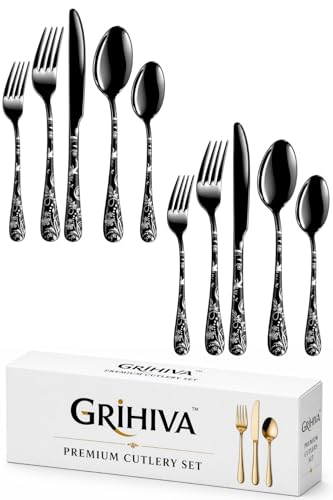 Image of 10 Pcs Black Floaral Stainless Steel Cutlery Set for Dining Table with Spoons and Forks Set + Butterknives - The Perfect Tableware /Flatware