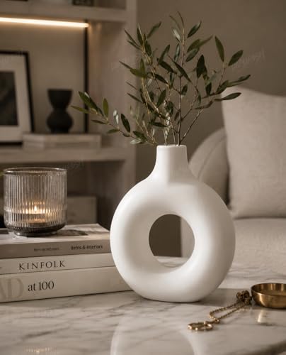 Image of Divyakosh White Donut Vase for Home Decor | Modern Geometric Flower Vase' (VASE' ONLY) for Center Table, Home Decoration Items for Living Room, Aesthetic Home Decor | 9 Inch